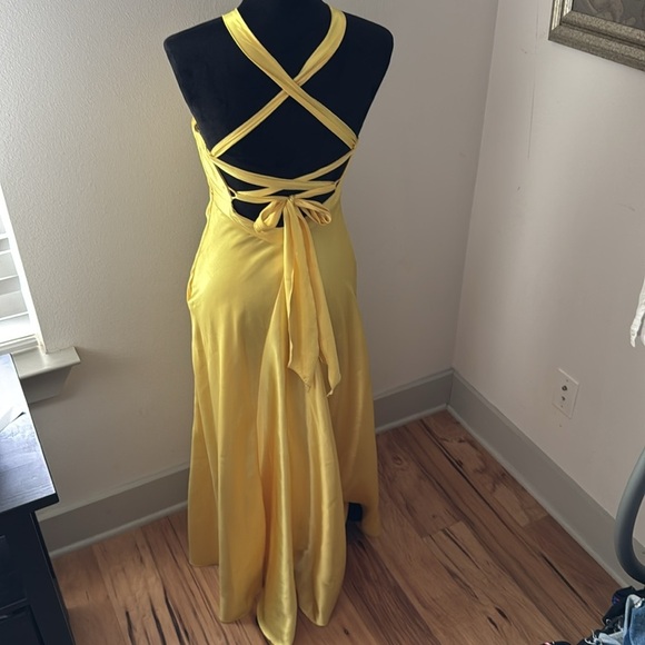 Jessica McClintock for Gunners Sax yellow halter crossed back satin long dress 3 - Picture 4 of 9